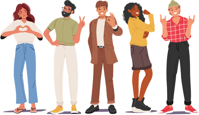 Diverse multiethnic people showing different positive gesture with hands  Illustration