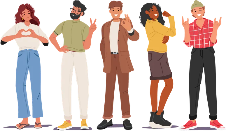 Diverse multiethnic people showing different positive gesture with hands  Illustration