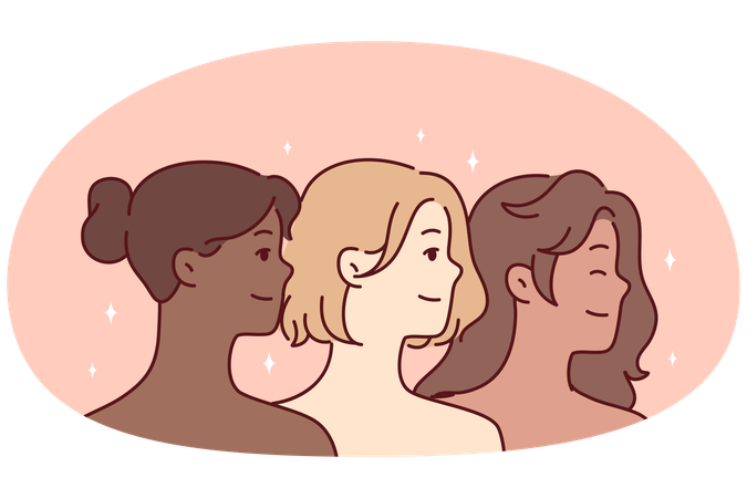 Diverse multiracial beautiful women with bare shoulders look one way and smile  Illustration