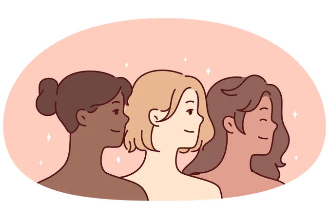 Diverse multiracial beautiful women with bare shoulders look one way and smile  Illustration