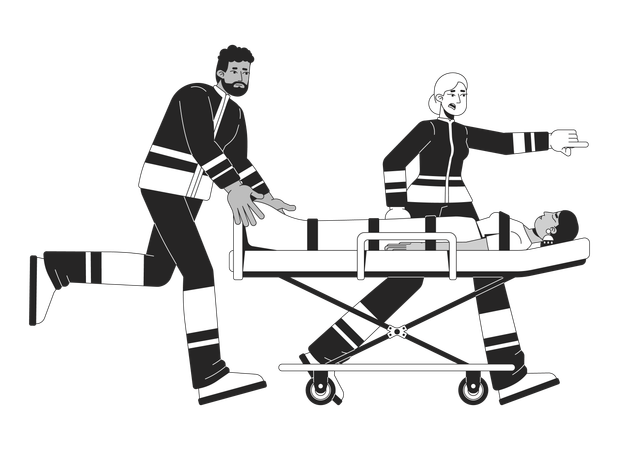 Diverse paramedics rushing with patient on stretcher  Illustration