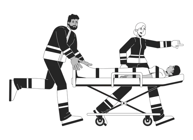 Diverse paramedics rushing with patient on stretcher  Illustration