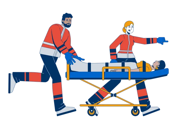 Diverse paramedics rushing with patient on stretcher  Illustration