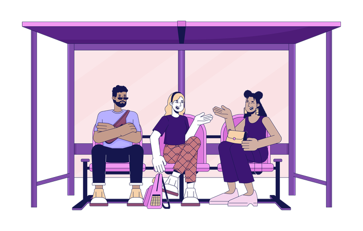 Diverse passengers waiting on bus stop  Illustration