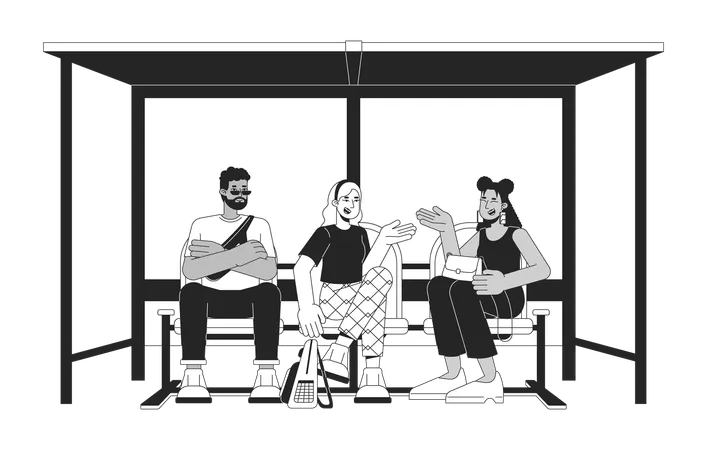 Diverse Passengers Waiting On Bus Stop Black And White 2 D Line Cartoon Characters Multicultural Adults On Seats Isolated Vector Outline People Friends Talking Monochromatic Flat Spot Illustration Illustration