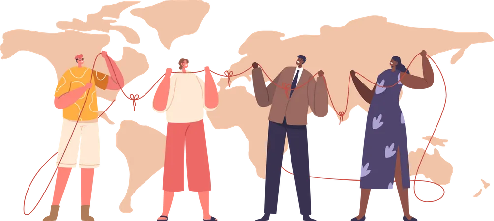Diverse Tapestry Of Male And Female Characters Interwoven Across A World Map Symbolizing The Intricate Web Of Social Ties That Connect Us Globally Cartoon People Vector Illustration Illustration