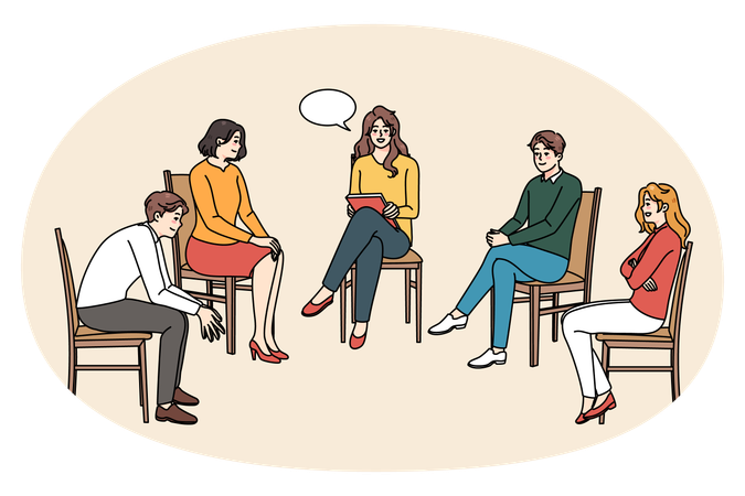 Diverse people at group counseling session with psychotherapist  Illustration