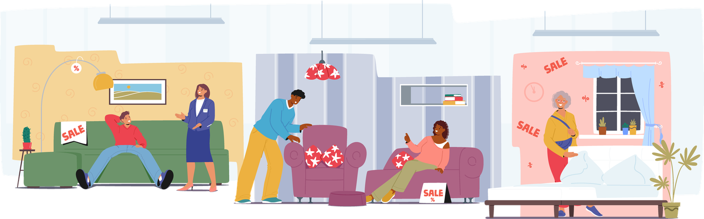 Diverse people customers  male and female  at furniture store sale  Illustration