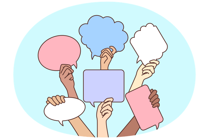 Diverse people hands holding speech bubbles expressing feedback  Illustration