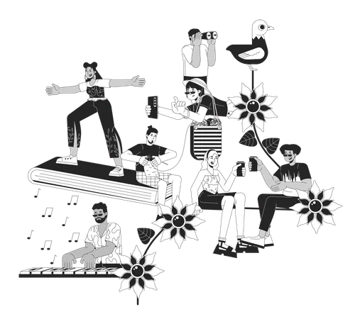 Diverse People Hobbies Black And White 2 D Illustration Concept Multiethnic Adults Leisure Activities Cartoon Outline Characters Isolated On White Lifestyle Metaphor Monochrome Vector Art Illustration