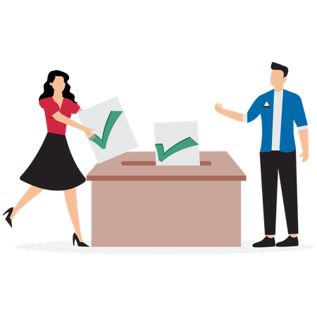 Diverse people hold voting paper checkmark putting in vote box  Illustration