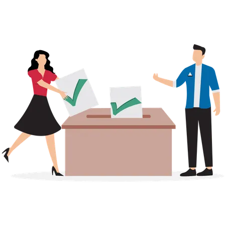 Diverse people hold voting paper checkmark putting in vote box  Illustration