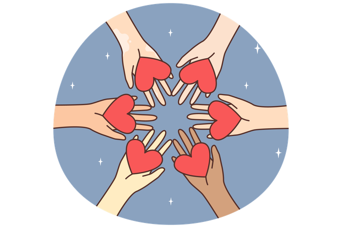 Diverse people holding heart signs in hands  Illustration