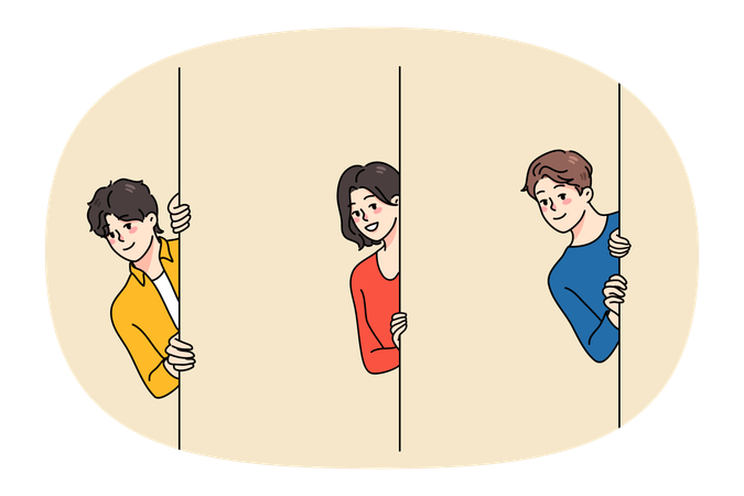 Diverse people peeking from around corner  Illustration