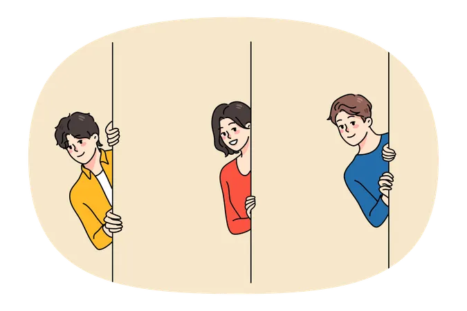 Diverse people peeking from around corner  Illustration