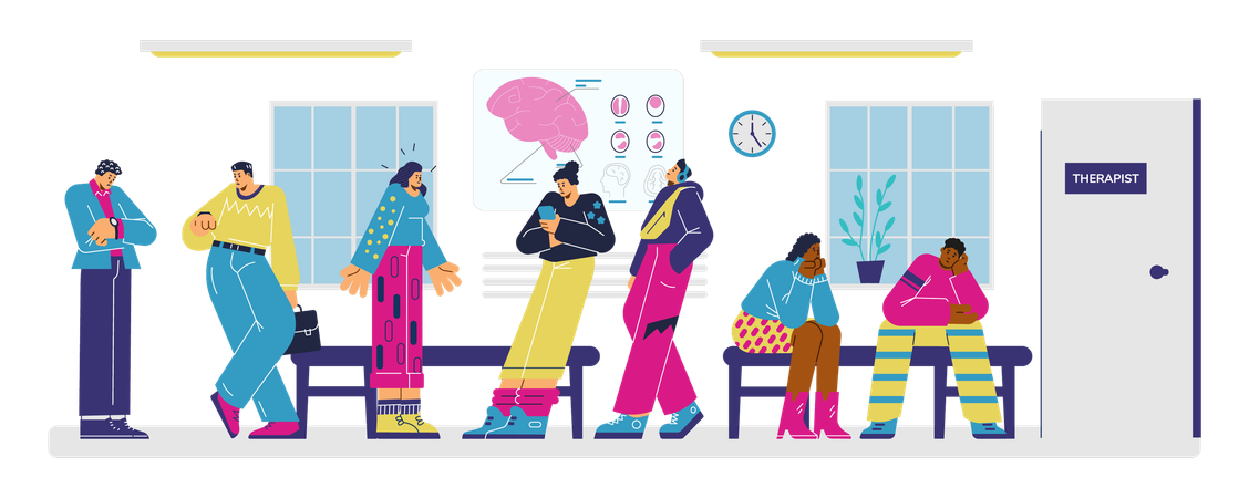 Diverse people waiting in line in therapist office  Illustration