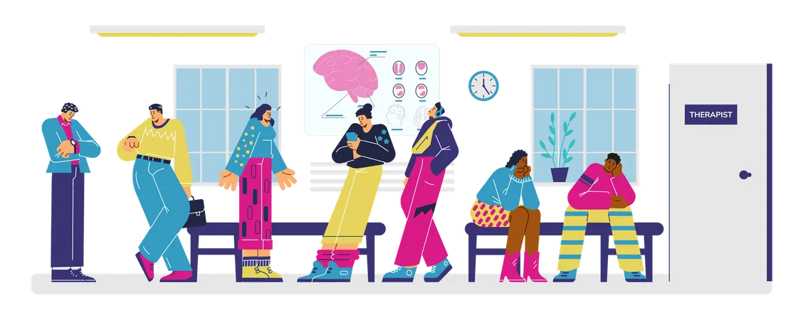 Diverse people waiting in line in therapist office  Illustration