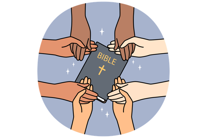 Diverse people with bible holding hands  Illustration