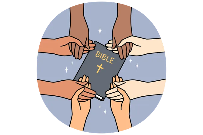 Diverse people with bible holding hands  Illustration