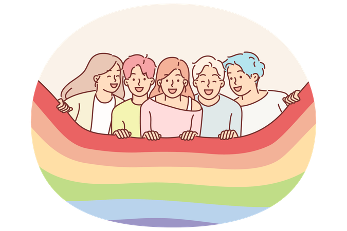 Diverse people with LGBT flag participate in pride festival speaking out for rights of gays  Illustration