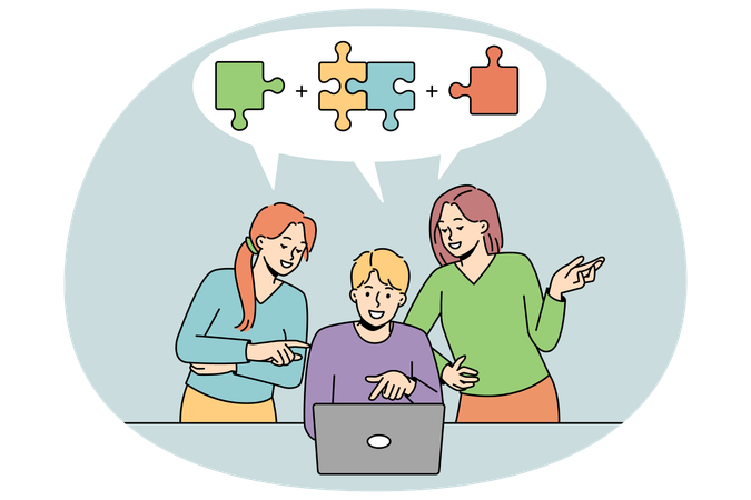 Diverse people working on computer together solving business problem  Illustration