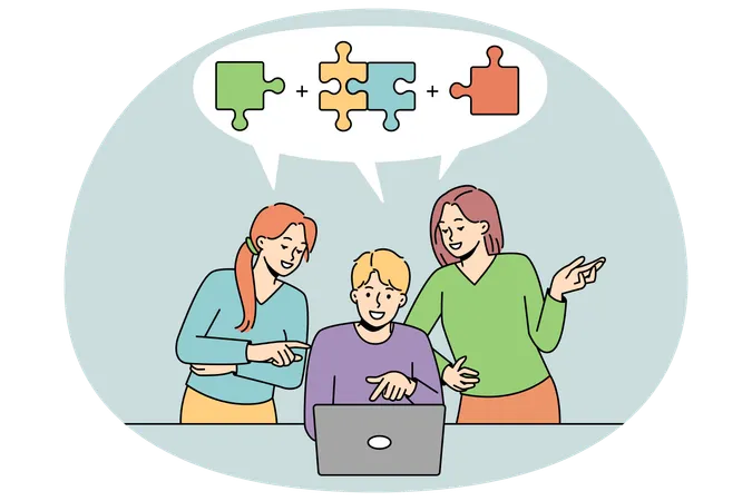 Diverse people working on computer together solving business problem  Illustration