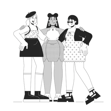 Diverse Plus Sized Women In Stylish Clothes Black And White 2 D Line Cartoon Characters Curvy Female Friends Isolated Vector Outline People Body Positive Fashion Monochromatic Flat Spot Illustration Illustration