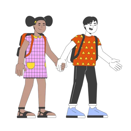 Diverse schoolboy and schoolgirl holding handss  Illustration