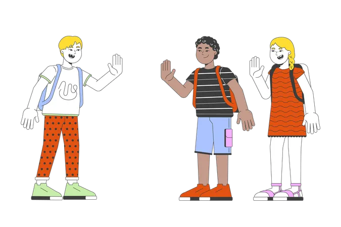 Diverse schoolkids greeting each others  Illustration