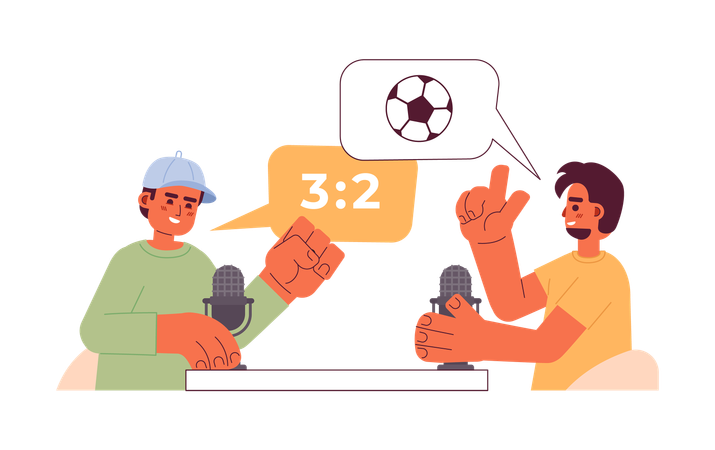 Diverse soccer fans discussing match with microphones  Illustration