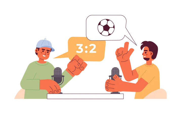 Diverse soccer fans discussing match with microphones  Illustration