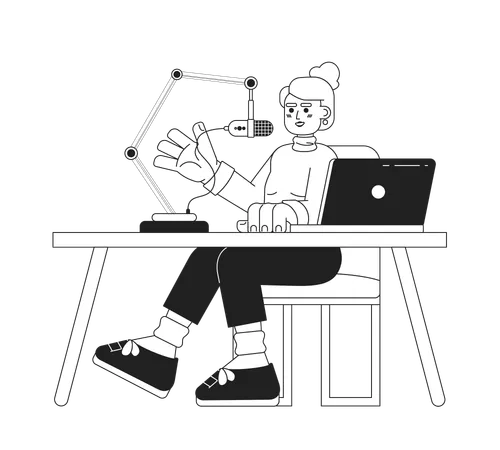 European Woman Speaking Into Mic Stand Notebook Desk Black And White 2 D Cartoon Character Radio Personality Caucasian Female Isolated Vector Outline Person Monochromatic Flat Spot Illustration Illustration