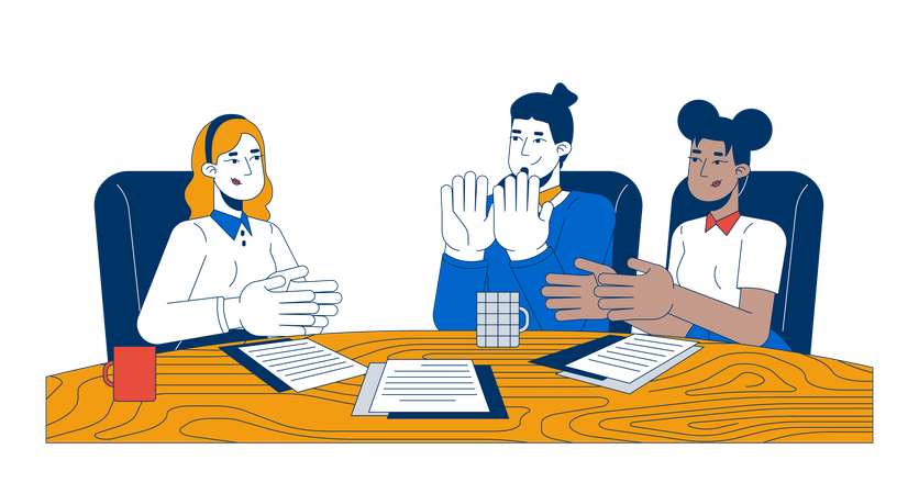 Diverse team members clapping hands at desk  Illustration