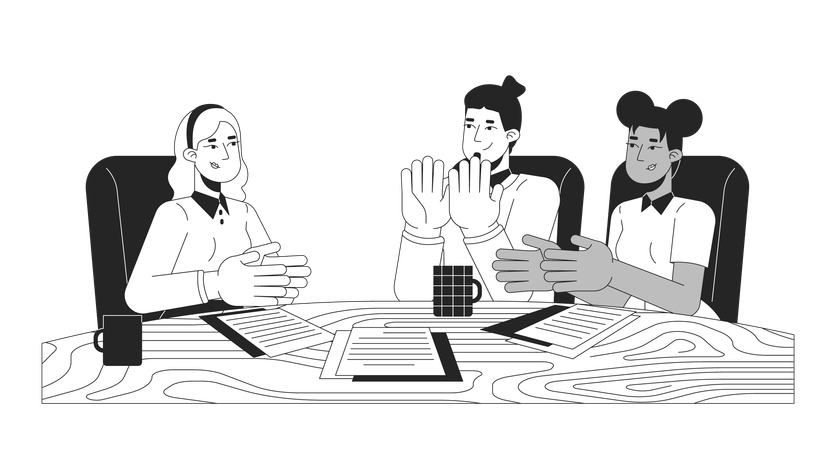 Diverse team members clapping hands at desk  Illustration