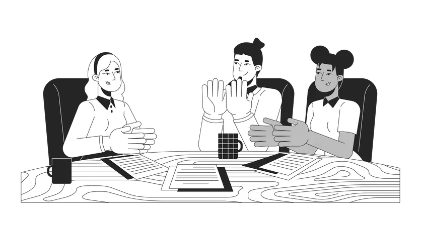 Diverse team members clapping hands at desk  Illustration