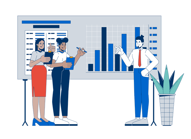 Diverse team members discussing corporate charts  Illustration