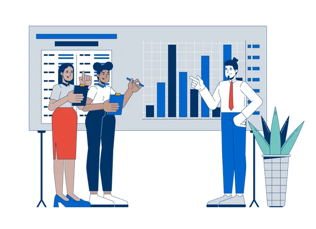 Diverse team members discussing corporate charts  Illustration