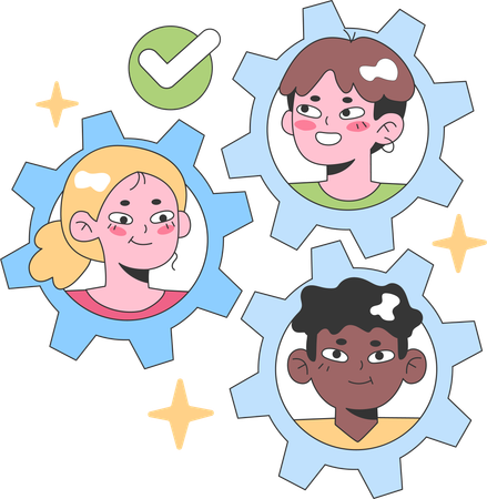 Diverse team members in cogwheels represent collaboration in distributed virtual teams  일러스트레이션