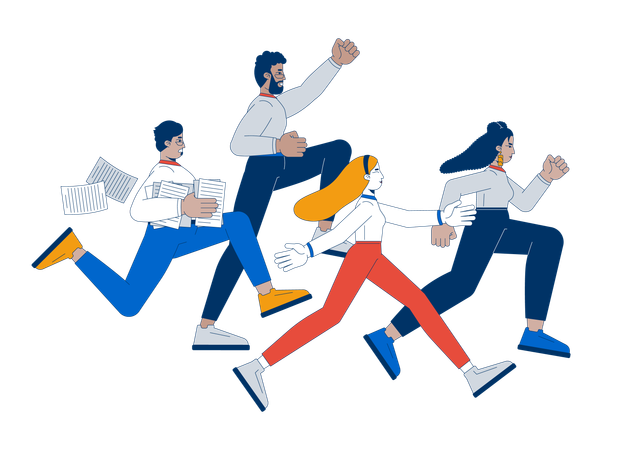 Diverse team running energetically towards goal  Illustration