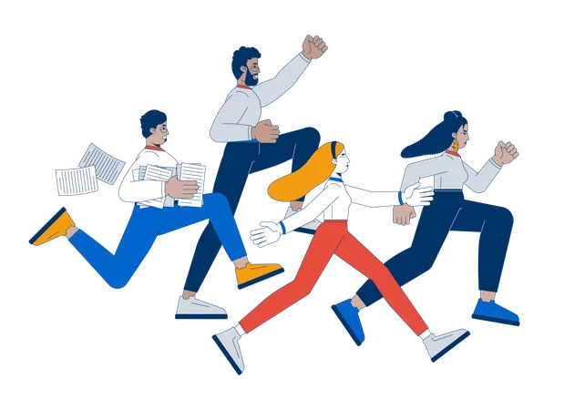 Diverse team running energetically towards goal  Illustration