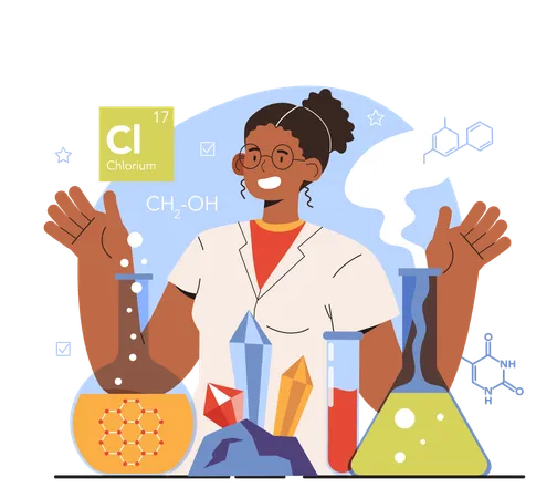 Diverse Women In Science Concept Female Material Engineer Create And Study Materials At The Atomic Level Different Chemical Substances Research Flat Vector Illustration Illustration
