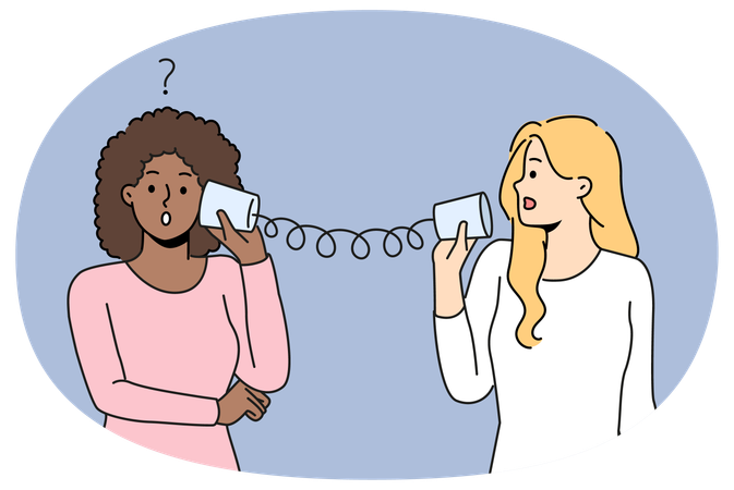 Diverse women talk on tin can telephone  Illustration