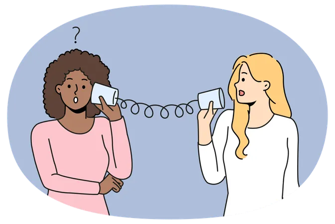 Diverse women talk on tin can telephone  Illustration