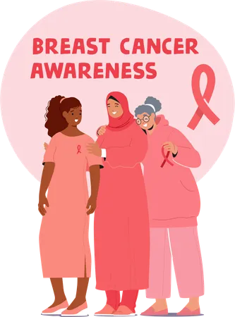 Diverse Women Unite To Promote Breast Cancer Awareness Female Characters Advocating For Inclusivity In Healthcare Spreading Knowledge And Fostering Support System Cartoon People Vector Illustration Illustration