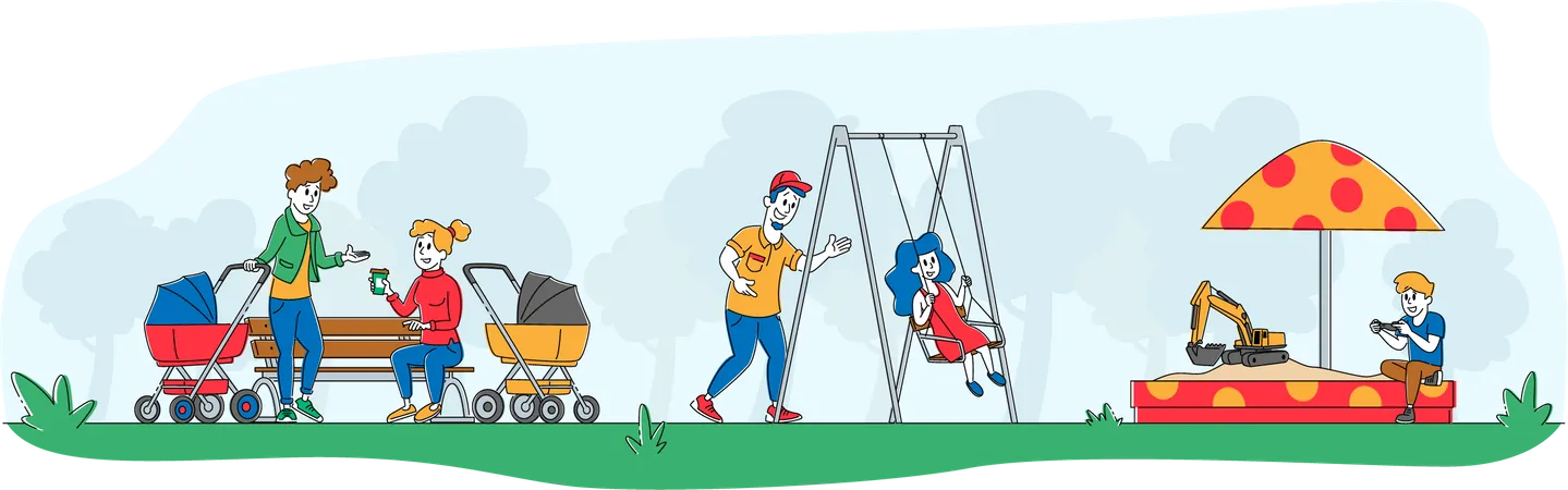 Diversión para niños y padres en el patio de juegos al aire libre  Ilustración