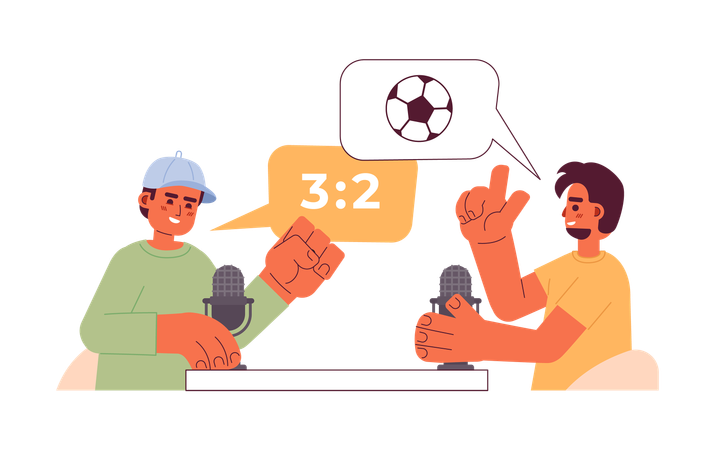 Diversos aficionados al fútbol discutiendo partidos con micrófonos  Ilustración