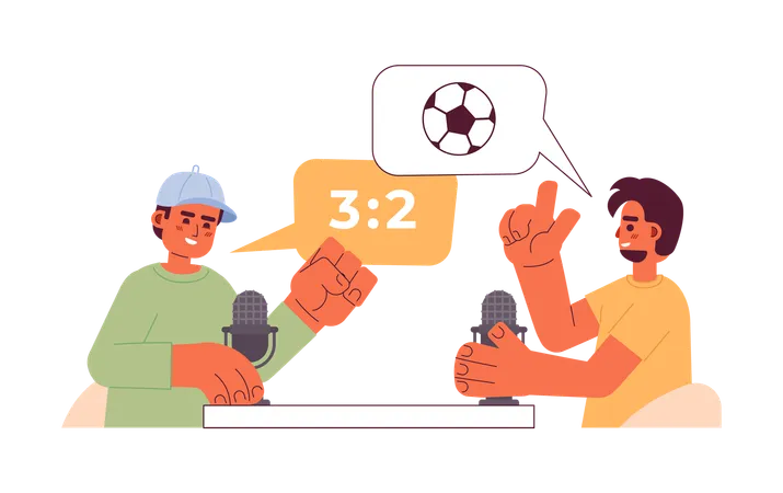 Diversos aficionados al fútbol discutiendo partidos con micrófonos  Ilustración