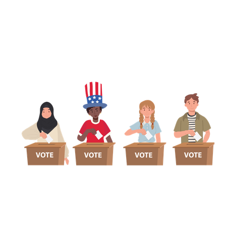 Americanos diversos votando nas eleições dos EUA  Ilustração