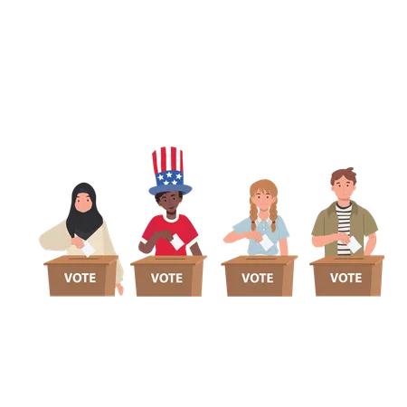 Americanos diversos votando nas eleições dos EUA  Ilustração