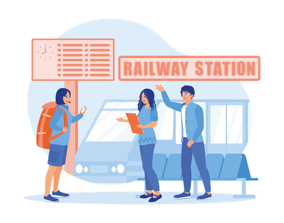 Diversos amigos utilizan juntos la navegación con mapas locales en la plataforma de la estación de tren  Ilustración